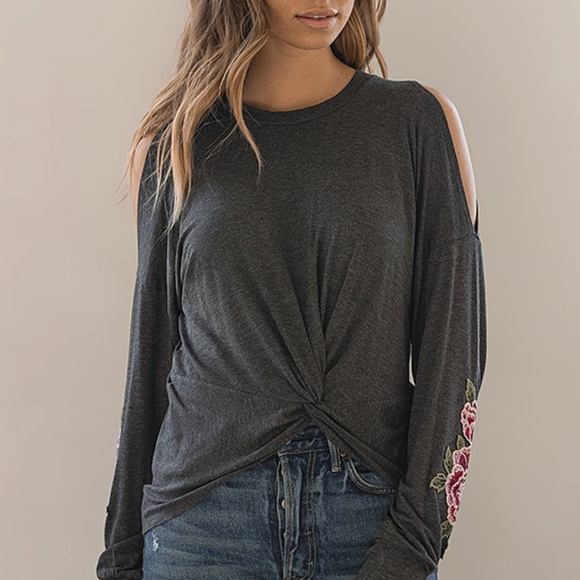 Floral-Accent Front-Twist Shoulder-Cutout Top - Picture 4 of 6